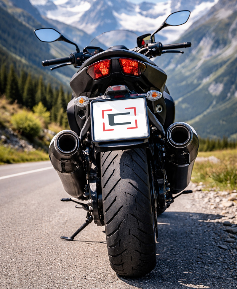 Kennzeichenrahmen für Motorräder an modernem Motorrad